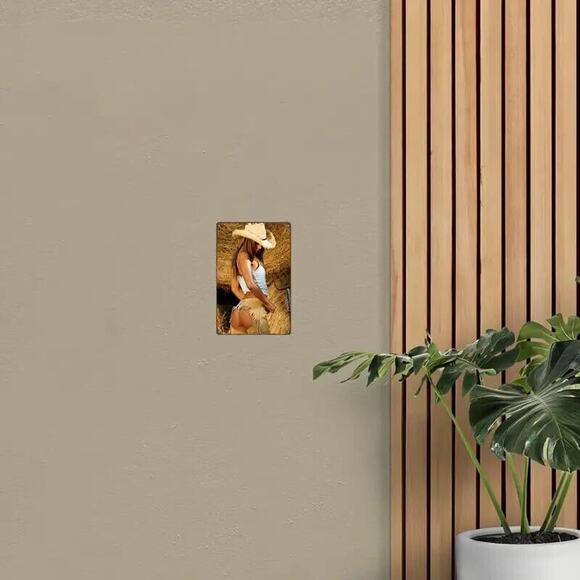 Metal Sign • Pin Up Blonde Cowgirl •Straw Hat • Open Butt Cheek Chaps • Bikini - Picture 3 of 8